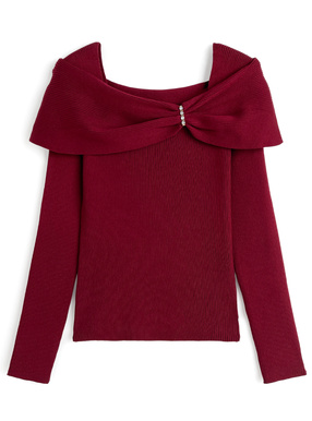 オフショルリボンビジューパーツリブニット