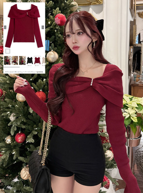 オフショルリボンビジューパーツリブニット