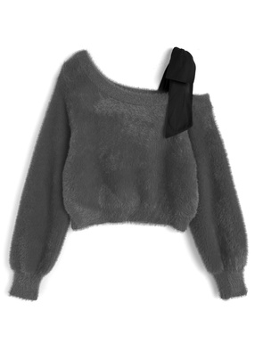 ワンショルダーリボンシャギーニットトップス