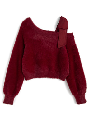 ワンショルダーリボンシャギーニットトップス