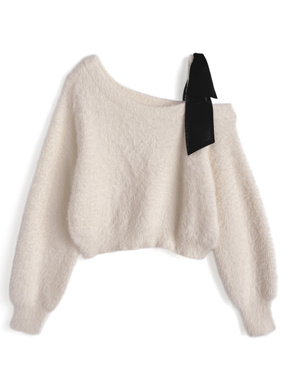 ワンショルダーリボンシャギーニットトップス