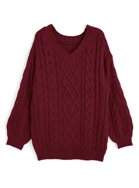 2Wayケーブル編みVネックニットトップス