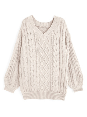 2Wayケーブル編みVネックニットトップス