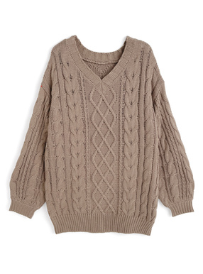 2Wayケーブル編みVネックニットトップス