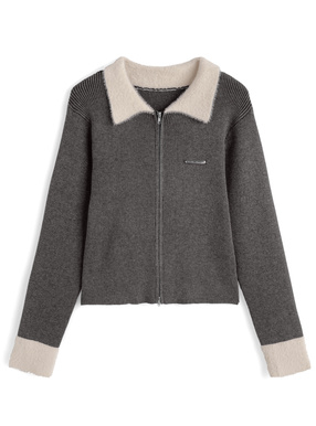 シャギーカラーダブルジップニットトップス