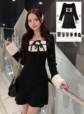 ダブルリボンファーニットミニワンピース