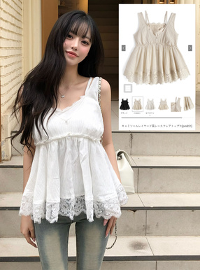 キャミソールレイヤード風レースフレアトップス