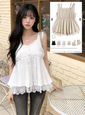 キャミソールレイヤード風レースフレアトップス