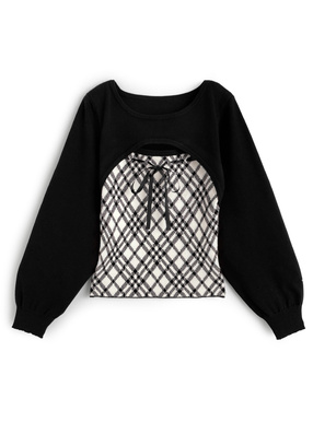 チェック柄フロントオープンリボンニットトップス