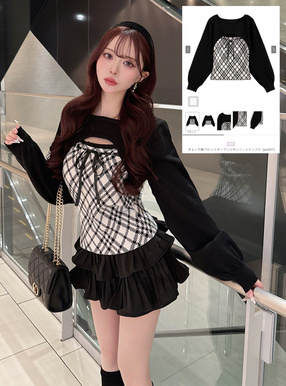 チェック柄フロントオープンリボンニットトップス