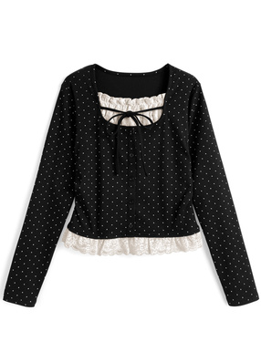 ドット柄レースレイヤード風リボントップス