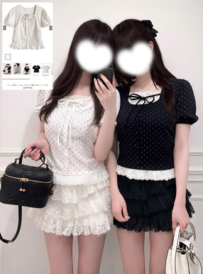 ドット柄レースレイヤード風リボントップス