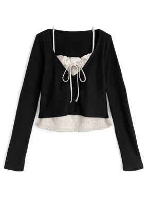 レースレイヤード風リボンVネックトップス