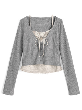 レースレイヤード風リボンVネックトップス