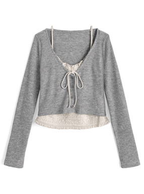 レースレイヤード風リボンVネックトップス