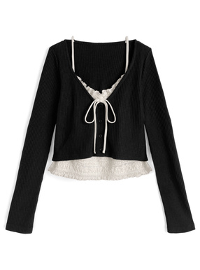 レースレイヤード風リボンVネックトップス