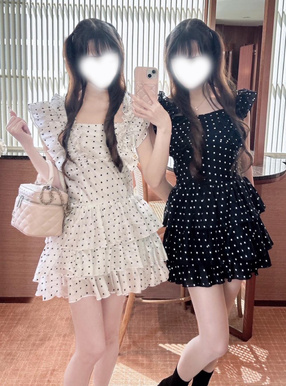 2Wayドット柄ギャザーフリルティアードミニワンピース