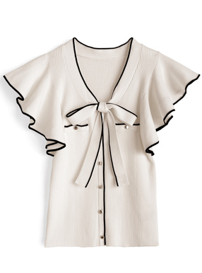 配色ボウタイフリルノースリーブニットトップス