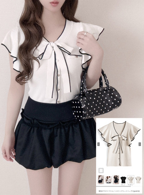 配色ボウタイフリルノースリーブニットトップス