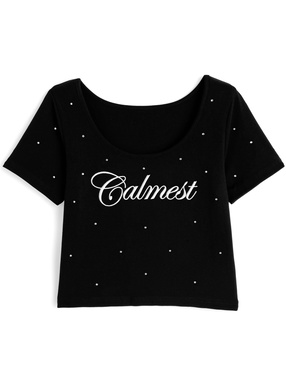 ラインストーンロゴ刺繍ショート丈Tシャツ