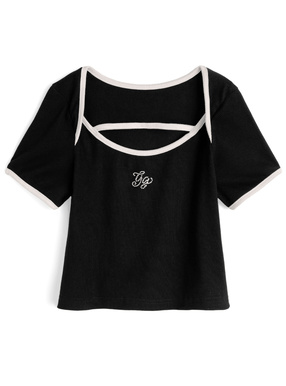 ラインストーンロゴパンピングリブTシャツ