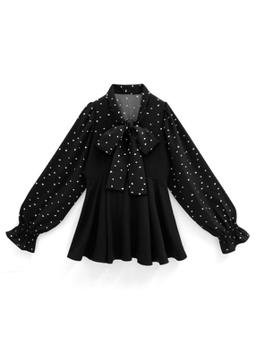 ハート柄切替ボウタイペプラムトップス