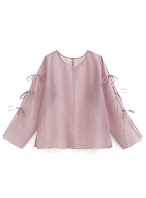 リボンスリーブシアーサイドスリットブラウス