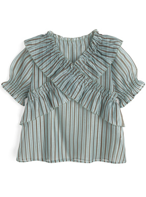 ストライプ柄クロスフリルブラウス