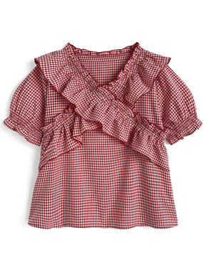 ギンガムチェック柄クロスフリルブラウス