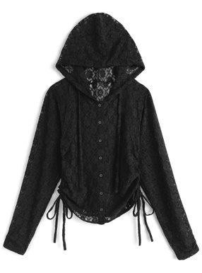 フード付きフラワーレースドロストトップス