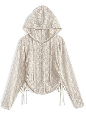 フード付きフラワーレースドロストトップス