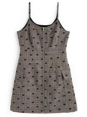チェック柄フロッキーリボンダブルジップキャミソールミニワンピース