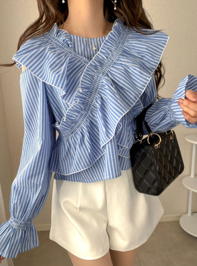 マルチWayストライプ柄クロスフリルブラウス