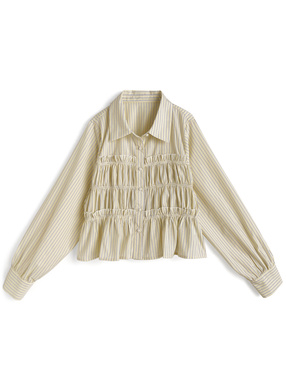 ストライプ柄シャーリングフリルブラウス