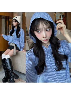 フード付きストライプ柄シャツ