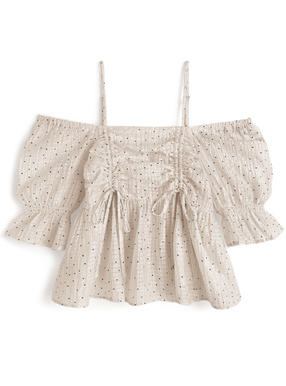 ドット柄ドロストオフショルダーシアーブラウス