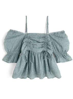 ドット柄ドロストオフショルダーシアーブラウス