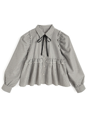 リボンタイ付きチェック柄フリルブラウス