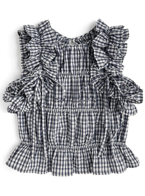 チェック柄フリルノースリーブトップス