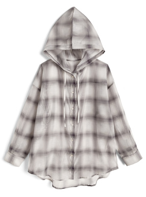 フード付きチェック柄シアーシャツ