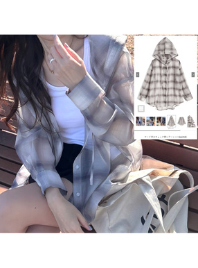 フード付きチェック柄シアーシャツ