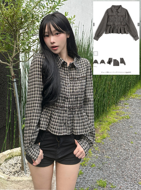 チェック柄シャーリングフリルシャツ