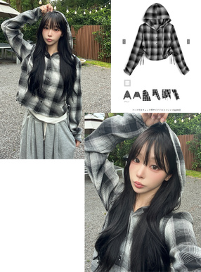 フード付きチェック柄サイドドロストシャツ