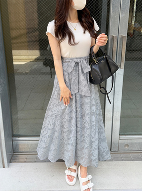 花柄シアーリボンベルトフレアスカート