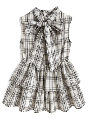 2Wayチェック柄ボウタイノースリーブペプラムティアードチュニック