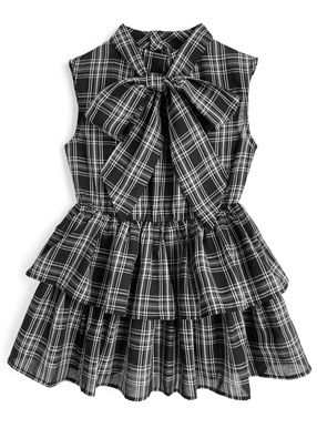 2Wayチェック柄ボウタイノースリーブペプラムティアードチュニック