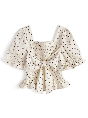 ドット柄シャーリングリボンブラウス