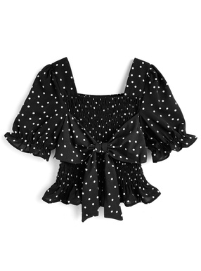 ドット柄シャーリングリボンブラウス