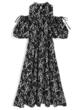 2Wayリーフ柄オープンショルダーフレアワンピース