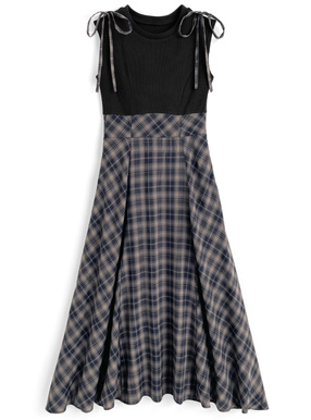 2Wayショルダーリボンチェック柄ドッキングワンピース